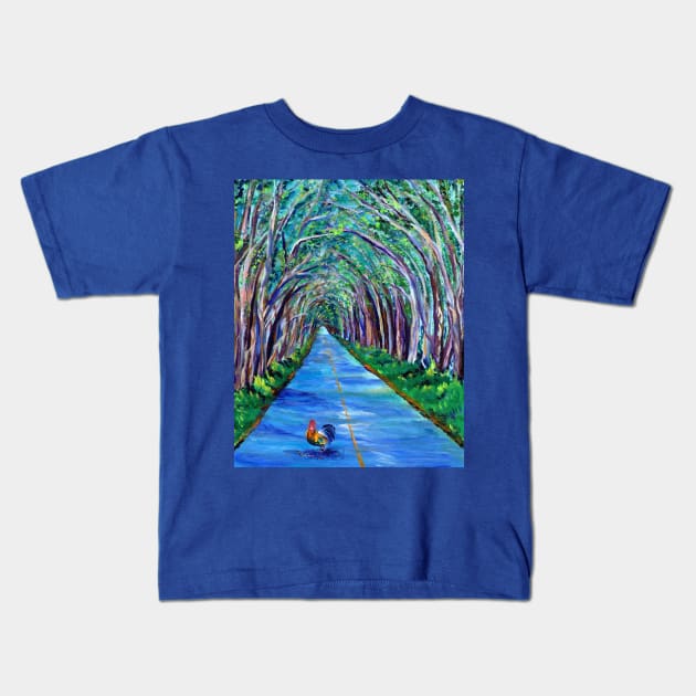 Kauai Tree Tunnel with Rooster Kids T-Shirt by KauaiArtist